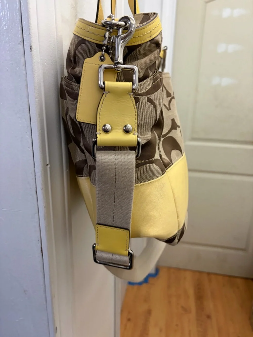 Coach Brown Signature Canvas Tote with Yellow Trim